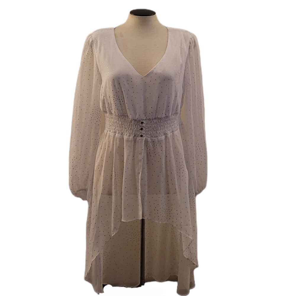 NWT! Newyork & Company White Sparkly Sheer Longsleeve High Low Dress S